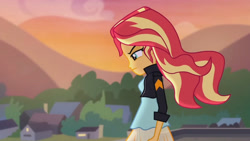 Size: 3410x1920 | Tagged: safe, screencap, sunset shimmer, equestria girls, g4, my little pony equestria girls: rainbow rocks, my past is not today, canterlot high, clothes, female, high res, jacket, leather, leather jacket, solo