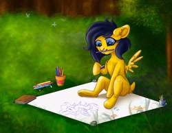 Size: 1920x1493 | Tagged: safe, artist:drops-of-blood, oc, oc only, pegasus, pony, colored pencils, drawing, female, forest, heart eyes, mouth hold, nose piercing, piercing, solo, wingding eyes