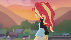 Size: 3410x1920 | Tagged: safe, screencap, sunset shimmer, equestria girls, g4, my little pony equestria girls: rainbow rocks, my past is not today, canterlot high, clothes, female, high res, jacket, leather, leather jacket, open mouth, solo