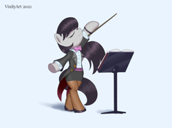Size: 4358x3236 | Tagged: safe, artist:vinilyart, octavia melody, earth pony, pony, semi-anthro, g4, arm hooves, bipedal, bowtie, clothes, conducting, conductor's baton, eyes closed, music, music stand, skirt, solo, suit, tuxedo