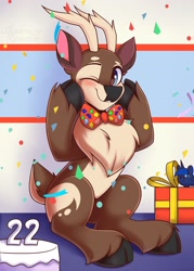 Size: 1500x2100 | Tagged: safe, artist:shadowreindeer, oc, oc only, deer, reindeer, blushing, chest fluff, happy birthday, male, sitting, smiling, solo