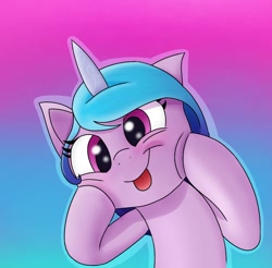 Size: 1280x1257 | Tagged: safe, artist:pipetals, izzy moonbow, pony, unicorn, g5, cheek squish, female, gradient background, silly, solo, squishy cheeks, tongue out