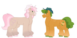 Size: 1280x640 | Tagged: safe, artist:itstechtock, oc, oc only, oc:cashew, oc:prairie angel, earth pony, pony, female, hat, male, mare, offspring, parent:braeburn, parent:pistachio, parent:wrangler, simple background, stallion, white background