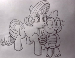 Size: 3698x2870 | Tagged: safe, artist:doodledonutart, rarity, spike, dragon, pony, unicorn, g4, cute, female, high res, kissing, male, ship:sparity, shipping, sketch, straight