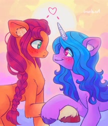 Size: 1762x2048 | Tagged: safe, artist:p0nyplanet, izzy moonbow, sunny starscout, earth pony, pony, unicorn, g5, blushing, braid, colored hooves, duo, female, holding hooves, lesbian, looking at each other, mare, ship:moonscout, shipping, sun, unshorn fetlocks