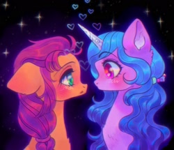 Size: 2048x1762 | Tagged: safe, artist:p0nyplanet, izzy moonbow, sunny starscout, earth pony, pony, unicorn, g5, black background, blushing, duo, female, heart, lesbian, looking at each other, mare, night, ship:moonscout, shipping, simple background, stars