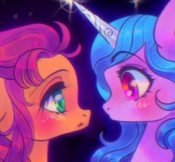 Size: 2047x1893 | Tagged: safe, artist:p0nyplanet, izzy moonbow, sunny starscout, earth pony, pony, unicorn, g5, black background, blushing, close-up, duo, female, heart, lesbian, looking at each other, mare, night, ship:moonscout, shipping, simple background, stars