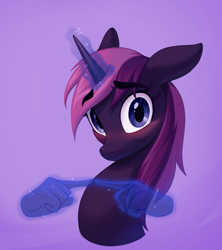 Size: 1096x1232 | Tagged: safe, artist:littmosa, oc, oc only, oc:w, pony, unicorn, :t, blushing, bust, commission, eyebrows, eyebrows visible through hair, female, floppy ears, glowing horn, hand, horn, looking at you, magic, magic hands, mare, nervous, purple background, scrunchy face, shy, simple background, smiling, solo, wavy mouth, wide eyes, ych result