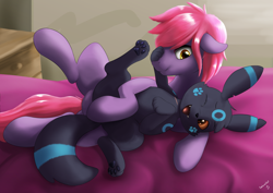 Size: 4960x3508 | Tagged: safe, artist:salemcat, oc, pegasus, pony, umbreon, bed, bedroom, pokémon