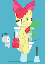 Size: 1220x1737 | Tagged: safe, edit, vector edit, apple bloom, earth pony, pony, g4, 1000 hours in ms paint, apple bloom's bow, bathroom, bow, but why, fart, fart cloud, fart noise, female, hair bow, implied diarrhea, implied pooping, onomatopoeia, potty time, shrunken pupils, sitting, sitting on toilet, solo, sound effects, straining, sweat, toilet, toilet paper, vector