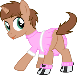 Size: 2320x2260 | Tagged: safe, artist:peternators, edit, oc, oc only, oc:heroic armour, pony, unicorn, g4, :p, butt, clothes, colt, crossdressing, dancing, dress, high res, looking back, male, plot, shoes, simple background, socks, solo, teenager, tongue out, transparent background