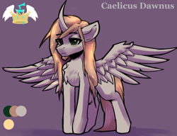 Size: 482x370 | Tagged: source needed, useless source url, safe, artist:asme, oc, oc only, oc:caelicus dawnus, alicorn, pony, vampire, alicorn oc, bags under eyes, beard, chest fluff, color palette, colored background, crown, crystal, curved horn, cutie mark, eye clipping through hair, eyebrows, eyebrows visible through hair, facial hair, floppy ears, glowing mane, horn, jewelry, long mane, long tail, lowres, male, reference sheet, regalia, solo, spread wings, stallion, wings