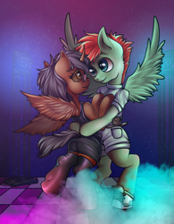 Size: 2000x2565 | Tagged: safe, artist:leastways, oc, oc only, oc:ash, oc:jet lag, changeling, pegasus, pony, changeling oc, clothes, dancing, dress, fanfic art, female, glasses, high res, horn, looking at each other, male, party, pegasus oc, smoke, stockings, straight, thigh highs