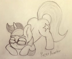 Size: 1599x1324 | Tagged: safe, artist:puperhamster, oc, oc only, pony, unicorn, ass up, butt, face down ass up, glasses, horn, jack-o challenge, male, meme, plot, pose, sketch, solo, stallion