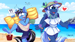 Size: 1920x1080 | Tagged: safe, artist:kinky_spy, oc, oc only, oc:lunacy, oc:silver lining, pegasus, unicorn, anthro, beach, bucket, clothes, commission, dress, female, flower, hat, male, summer, swimming trunks, ych result