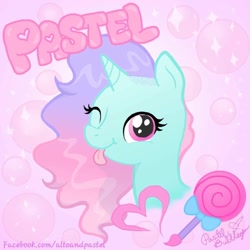 Size: 1080x1080 | Tagged: safe, artist:pastel bubblegum, oc, oc only, pony, unicorn, female, looking at you, mare, one eye closed, signature, solo, tongue out