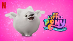 Size: 665x374 | Tagged: safe, cloudpuff, dog, flying pomeranian, pomeranian, g5, my little pony: a new generation, official, abstract background, male, my little pony: a new generation logo, netflix, netflix logo, solo, winged dog