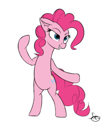 Size: 500x600 | Tagged: safe, artist:skylairo, pinkie pie, earth pony, pony, g4, angry, bipedal, cutie mark, ear fluff, female, hair, mane, mare, simple background, smiling, solo, tail, watermark