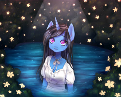 Size: 5000x4000 | Tagged: safe, artist:choipictr, oc, oc only, oc:silver lining, unicorn, anthro, absurd resolution, breasts, cleavage, clothes, colored pupils, commission, dress, eyebrows, eyebrows visible through hair, female, flower, horn, lake, solo, starry eyes, water, wingding eyes, ych result