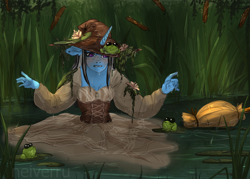 Size: 2800x2000 | Tagged: source needed, useless source url, safe, artist:neiverru, oc, oc only, frog, unicorn, anthro, annoyed, broom, clothes, commission, dress, female, floppy ears, hat, high res, horn, lilypad, outdoors, solo, swamp, water, wet, witch hat, ych result