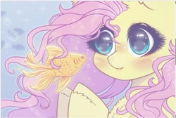Size: 875x589 | Tagged: safe, artist:saltyvity, fluttershy, fish, goldfish, pony, g4, blushing, bubble, bust, chest fluff, cute, female, flowing mane, looking at something, mare, shyabetes, solo, stray strand, three quarter view, underwater, unshorn fetlocks, water, watershy