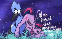 Size: 1680x1050 | Tagged: safe, artist:wrightgottlenva, twilight sparkle, alicorn, bird, pony, g4, aeroplanes and meteor showers, crossing the memes, crossover, crossover shipping, eyes on the prize, face down ass up, female, jack-o challenge, looking at butt, lyrics, male, meme, mordecai, mordetwi, regular show, shipping, straight, sweat, text, twilight sparkle (alicorn), wide eyes