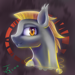 Size: 2000x2000 | Tagged: safe, artist:joan-grace, oc, oc only, bat pony, pony, bat pony oc, bust, fangs, high res, jewelry, male, necklace, signature, smiling, stallion