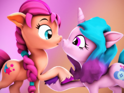 Size: 2880x2160 | Tagged: safe, artist:psfmer, izzy moonbow, sunny starscout, earth pony, pony, unicorn, g5, my little pony: a new generation, 3d, female, gradient background, high res, holding hooves, lesbian, looking at each other, mare, ship:moonscout, shipping, source filmmaker, surprised, this will end in kisses, unshorn fetlocks