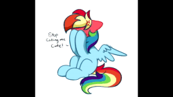 Size: 1280x720 | Tagged: safe, ai assisted, ai content, artist:kittyrosie, edit, fifteen.ai, rainbow dash, pegasus, pony, g4, ai voice, angry, blushing, cute, dashabetes, dialogue, hooves on face, i'm not cute, madorable, missing cutie mark, simple background, sitting, solo, sound, sound only, spread wings, talking, tsunderainbow, tsundere, webm, white background, wings