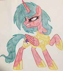 Size: 1280x1447 | Tagged: safe, artist:lachlancarr1996, alicorn, pony, angry, clothes, dark ages, folded wings, gritted teeth, hoof shoes, looking back, raised hoof, solo, traditional art, wings