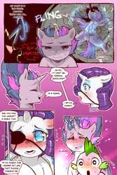 Size: 960x1440 | Tagged: safe, artist:cold-blooded-twilight, rarity, spike, twilight sparkle, dragon, pony, unicorn, cold blooded twilight, comic:cold storm, g4, alternate design, attack, blood, blushing, blushing profusely, comic, crater, dialogue, dock, ear blush, eyepatch, eyes closed, floppy ears, frown, glowing, glowing horn, heart, heart eyes, horn, magic, meme, open mouth, raised leg, sad, speech bubble, sweat, wingding eyes