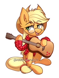Size: 767x1002 | Tagged: safe, artist:handgunboi, applejack, earth pony, pony, g4, clothes, commission, cowboy hat, ear fluff, eyebrows, eyebrows visible through hair, glasses, green eyes, guitar, hat, hoof hold, john denver, musical instrument, open mouth, open smile, shirt, simple background, sitting, smiling, solo, white background