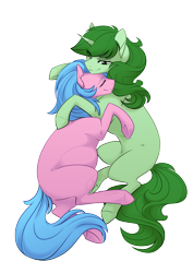 Size: 2480x3508 | Tagged: safe, artist:basykail, aloe, oc, oc:rose compass, changeling, earth pony, pony, unicorn, g4, andalusian changeling, canon x oc, eyes closed, high res, hug, love, lying down, on side, pregnant, simple background, smiling, spa pony, transparent background, underhoof