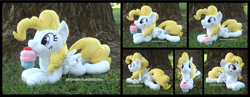 Size: 4515x1754 | Tagged: safe, artist:peruserofpieces, surprise, pegasus, pony, beanie (plushie), cupcake, cute, female, food, irl, looking at you, lying down, mare, mouth hold, photo, plushie, prone, smiling, smiling at you, solo, sploot, tree, wings