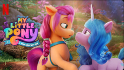 Size: 574x325 | Tagged: safe, edit, editor:pipetals, izzy moonbow, sunny starscout, earth pony, pony, unicorn, g5, my little pony: a new generation, duo, female, floppy ears, lesbian, looking at each other, mare, meme, my little pony: a new generation logo, netflix, netflix logo, ship:moonscout, shipping