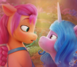 Size: 292x257 | Tagged: safe, edit, editor:pipetals, izzy moonbow, sunny starscout, earth pony, pony, unicorn, g5, my little pony: a new generation, cropped, female, filter, floppy ears, looking at each other, mare, out of context, shipping fuel