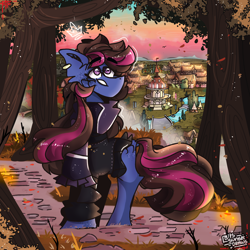 Size: 3000x3000 | Tagged: safe, artist:its_sunsetdraws, oc, oc only, oc:sketch, earth pony, firefly (insect), insect, pony, cheek fluff, clothes, cloud, cloudy, commission, digital art, forest, forest background, high res, hoodie, houses, looking up, ponyville, ponyville town hall, scarf, smiling, solo, sunset, sunset sky