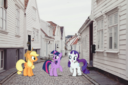 Size: 2560x1707 | Tagged: safe, artist:dashiesparkle, artist:itv-canterlot, artist:mlplover94, applejack, rarity, twilight sparkle, alicorn, earth pony, pony, unicorn, g4, female, high res, houses, irl, mare, photo, ponies in real life, story included, trio, twilight sparkle (alicorn), village