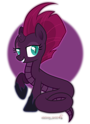 Size: 1600x2200 | Tagged: safe, artist:angelina-pax, fizzlepop berrytwist, tempest shadow, lamia, original species, pony, snake, snake pony, unicorn, g4, bedroom eyes, broken horn, commission, eye scar, female, grin, hoof shoes, horn, lamiafied, looking at you, mare, raised hoof, scar, simple background, smiling, solo, species swap, transparent background, ych result