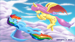 Size: 3840x2160 | Tagged: safe, artist:divifilly, fluttershy, rainbow dash, pegasus, pony, g4, flying, high res, sky