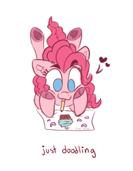 Size: 700x900 | Tagged: safe, artist:pink-pone, earth pony, pony, cloven hooves, cupcake, doodle, food, heart, lying down, mouth hold, pencil, smiling, solo