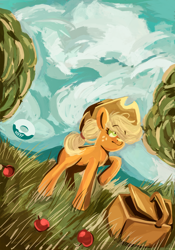 Size: 4200x6000 | Tagged: safe, artist:poxy_boxy, applejack, earth pony, pony, g4, absurd file size, absurd resolution, apple, basket, eye clipping through hair, female, food, frown, mare, raised hoof, solo, wide eyes