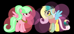 Size: 1544x715 | Tagged: safe, artist:aonairfaol, oc, oc only, draconequus, hybrid, pegasus, pony, abstract background, base used, draconequus oc, duo, eyelashes, female, grin, horse collar, interspecies offspring, mare, offspring, parent:big macintosh, parent:discord, parent:fluttershy, parents:discoshy, parents:fluttermac, pegasus oc, smiling, wings