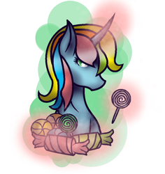 Size: 834x882 | Tagged: safe, artist:aonairfaol, oc, oc only, pony, unicorn, bust, candy, eyelashes, food, glowing horn, horn, lollipop, magic, simple background, solo, telekinesis, transparent background, unicorn oc