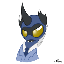 Size: 555x555 | Tagged: safe, artist:srmario, oc, oc only, oc:platan, changeling, balaclava, bust, clothes, crossover, fangs, mask, necktie, signature, simple background, solo, spy, spy (tf2), suit, team fortress 2, white background, yellow changeling