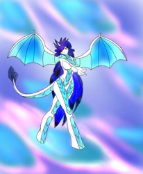 Size: 811x985 | Tagged: safe, artist:foxgearstudios, dragon, unicorn, anthro, unguligrade anthro, abstract background, breasts, dragonified, featureless breasts, female, fusion, fusion:princess ember, fusion:rarity, solo, species swap, spread wings, wings