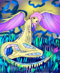 Size: 1400x1700 | Tagged: safe, artist:foxgearstudios, fluttershy, princess ember, dragon, anthro, unguligrade anthro, g4, abstract background, ass, breasts, butt, dragonified, featureless breasts, female, fusion, heterochromia, kneeling, looking at you, looking back, looking back at you, solo, species swap, spread wings, wings