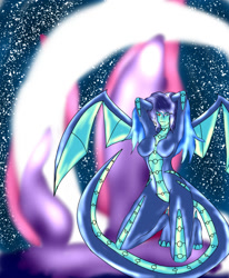 Size: 1400x1700 | Tagged: safe, artist:foxgearstudios, princess ember, princess luna, dragon, anthro, unguligrade anthro, g4, abstract background, breasts, dragonified, featureless breasts, female, fusion, smiling, solo, species swap, spread wings, stars, wings