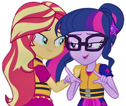 Size: 1197x1004 | Tagged: safe, edit, edited screencap, editor:lonely fanboy48, screencap, sci-twi, sunset shimmer, twilight sparkle, equestria girls, equestria girls specials, g4, my little pony equestria girls: better together, my little pony equestria girls: spring breakdown, background removed, clothes, duo, female, geode of telekinesis, glasses, hand on shoulder, implied shipping, lidded eyes, lifejacket, magical geodes, shipping fuel, simple background, smiling, transparent background
