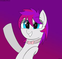 Size: 2354x2213 | Tagged: safe, artist:bestponies, oc, oc only, oc:sugar cube, earth pony, pony, blue eyes, bowtie, earth pony oc, female, gradient background, happy, high res, mare, smiling, solo, waving